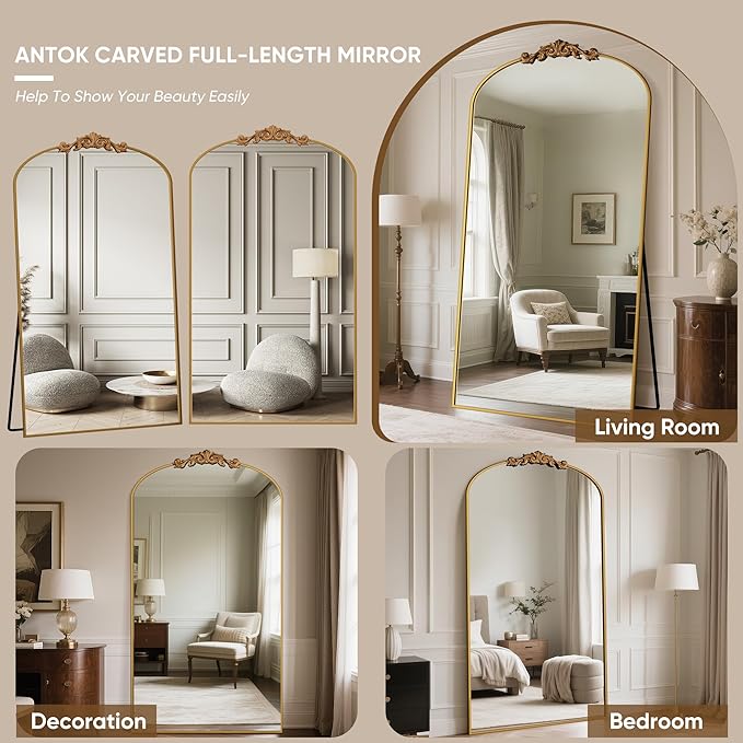 Antok Arched Full Length Mirror, 81"x41" Floor Mirror with Carved, Full Body Mirrors for HomeDecor, Standing/Halling Large Wall Mirror for Bedroom, Living Room, Cloakroom, Gold, Retro Style