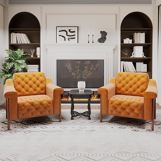 EJUNQ Faux Leather Accent Chair, Mid-Century Modern Armchair, Retro Upholstered Armchair Accent Chair Club Chair for Living Room, Bedroom, Waiting Room, Office, Orange