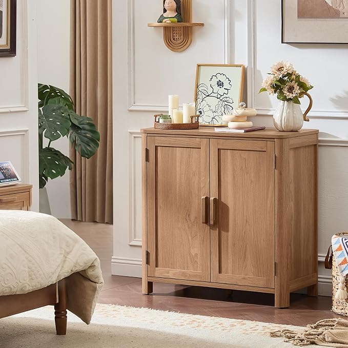 Joaxswe Sideboard Buffet Cabinet with Storage Set of 2, 31.5" Arc-Shaped Credenza with 2 Doors & Adjustable Shelves, Coffee Bar Cabinet for Kitchen, Living Room, Darkwood
