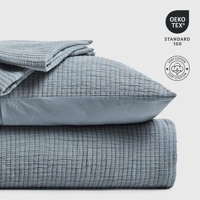 EVERGRACEHOME Cotton Gauze King Bedspread, Ultra Soft Prewashed Pick Stitch Matelassé Coverlet, Lightweight Textured Oversized King Quilt Bedding Set for All Season, with 2 Shams, Dusty Blue