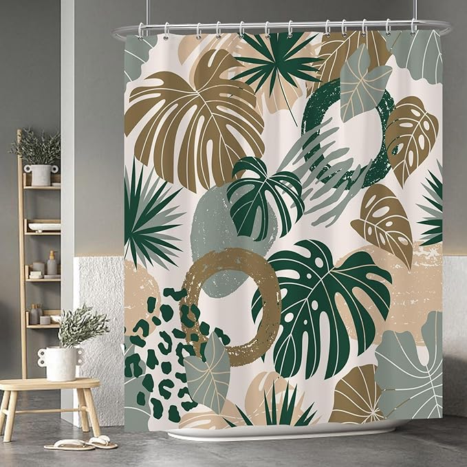 Baocicoo Bohemian Monstera Leaves Boho Floral Shower Curtain Decorative for Bathroom Cubicle Bathtub Waterproof Fabric Vacation Style with Hooks 72x84 Inches