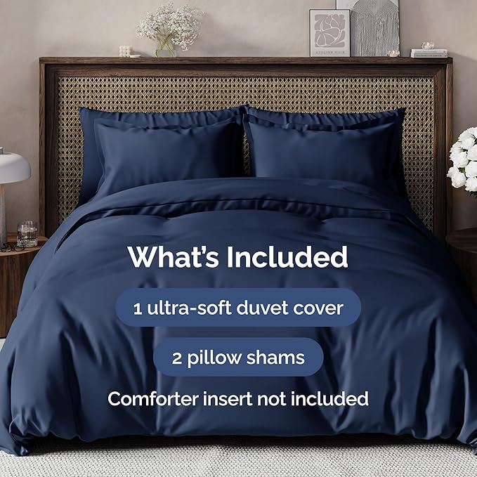 Duvet Cover Queen Size Set - Extra Soft Queen Size Duvet Cover 90 x 90 with 2 Pillow Shams - Hotel Luxury Easy Care and Fade Free w/Zipper Closures & Ties - Comfy Breathable Bedding Set (Navy Blue)