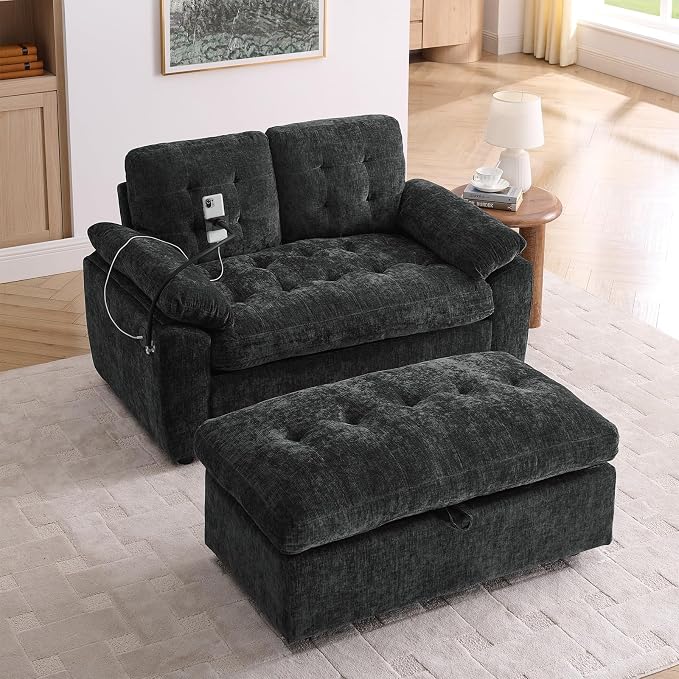 Oversized Chaise Lounge Chair Indoor, Double Convertible Recliner Reading Arm Sofa Chair W/Adjustable Backrest & Charging Port Couch Bed for Living Room, Home Theater & Bedroom, Black