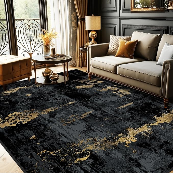Washable Area Rugs 8'x10' Non-Slip Modern Abstract Soft for Living Room Entryway Bedroom Nursery, Print Pattern, Dark Black Gold