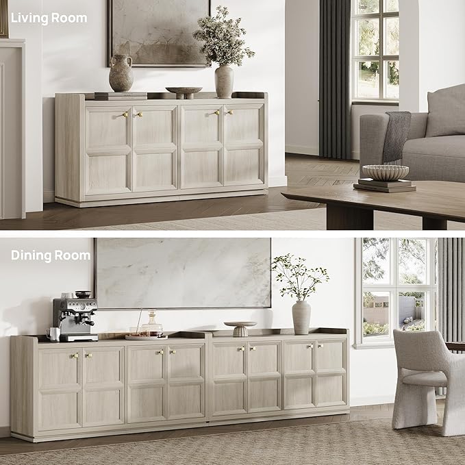 SICOTAS 61.7" Wide 4-Door Buffet Cabinet, Extra Long Sideboard with 2 Separate Bays & Adjustable Shelves, Modern Credenza Storage Cabinet with Gold Handle for Kitchen Living Room, Grey White Oak,1 PCS