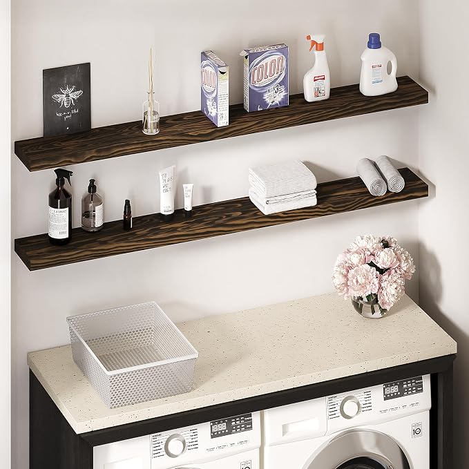 Howizz 60'' Pine Wood Floating Shelf for Wall, Rustic Wall Mounted Wooden Shelf with Invisible Brackets, Fireplace Mantel Shelf for Living Room, Bedroom, Bathroom & Home Decor, Dark Brown, 1 Pcs
