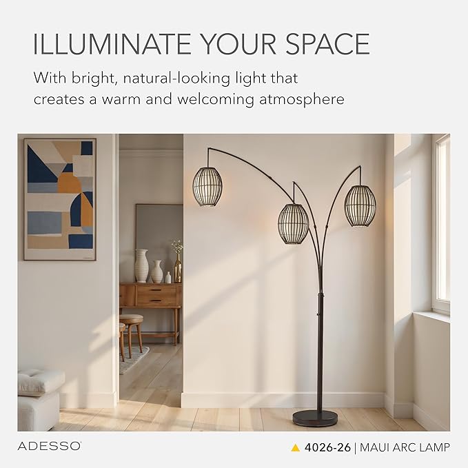 Adesso Maui Arc Floor Lamp with 3 Movable Shades & Adjustable Height- Perfect Lighting for Bedroom, Living Room and Corner Decor, Antique Bronze