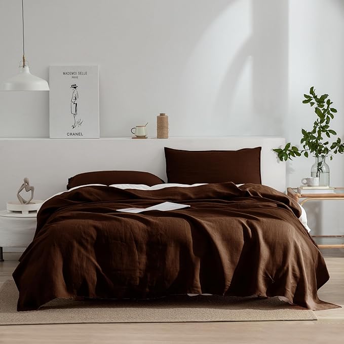 EVERLY Linen Sheets Set Queen Size,100% French Stonewash Pure Linen Sheets Set,4Pieces (1Flat Sheet,1Fitted Sheet,2Pillowcase) Suitable for Hot Sleepers,Deep Pocket Natural Bedding Set-Chocolate