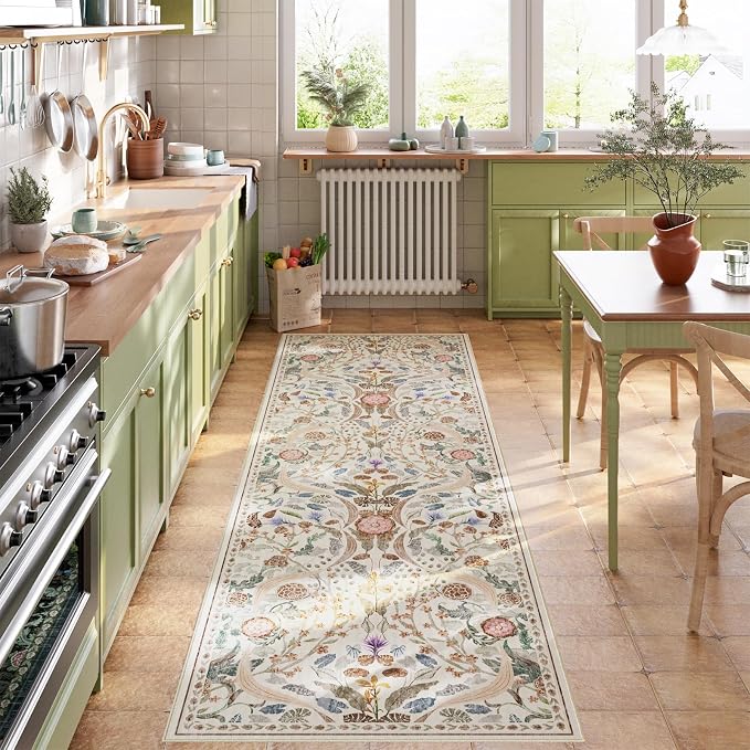 AMTOVO 2.7x8 Runner Rug for Hallway, Washable Non-Slip Long Kitchen Carpet, Floral Vintage Distressed Floor Mat for Hallways Entryway Living Room Laundry Room Bathroom Farmhouse, Beige