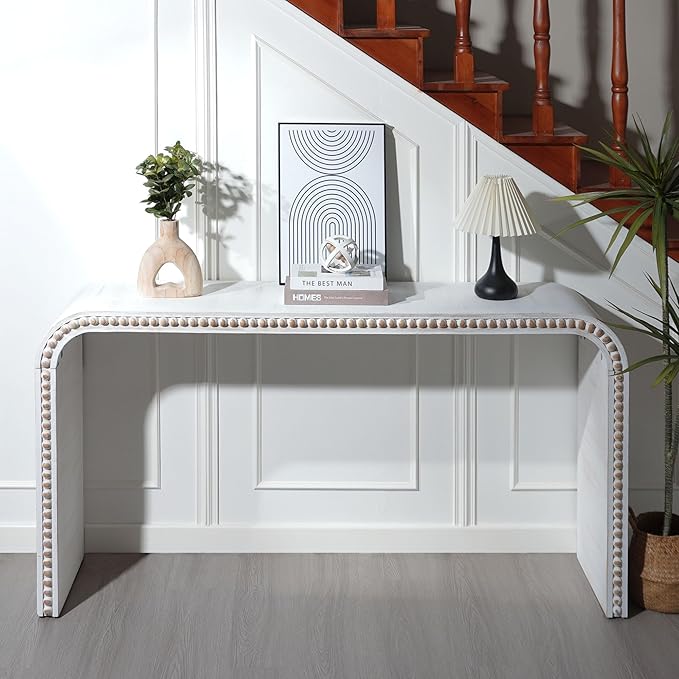 Wood Console Table, 59" Retro Long Sofa Table Behind Couch with Real Wood Beads Decor, Wooden Narrow Sofa Table Hall Table for Living Room Foyer Entrance Entryway, White
