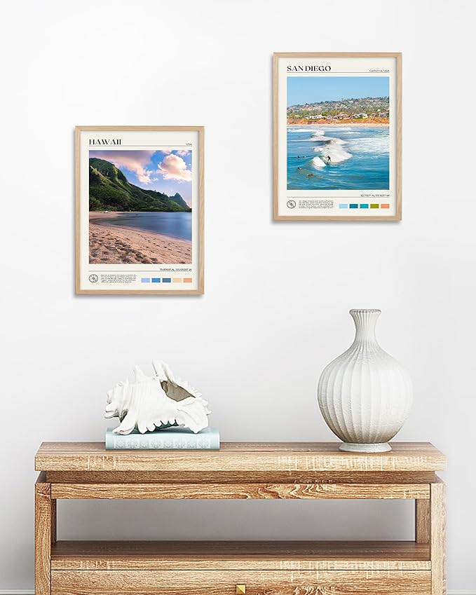 HesenDot Natural OAK Wood San Diego Surfing Framed Wall Art,12x16in Natural Seascape Canvas Wall Print,Classic Urban Landmark Wall Decor for Living Room,Bedroom,Office Gallery Gifts Set of 1