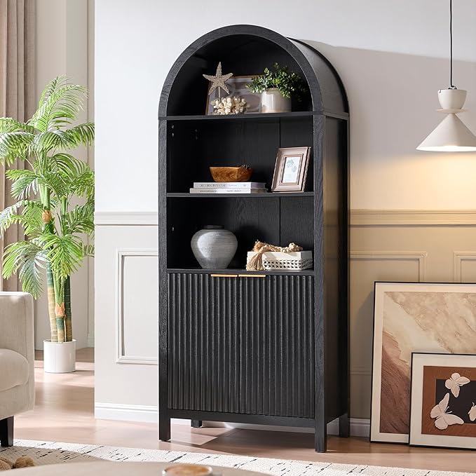 Arched Cabinet Bookshelf Bookcase - 71” Tall Mid Century Arched Display Cabinets, Rounded Bookshelf with Fluted Doors, Open Shelf Storage Cabinet for Dining Room (Black)
