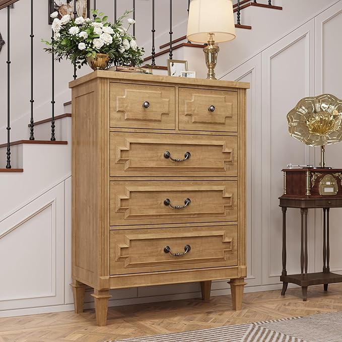 5 Drawer Dresser for Bedroom, 44" Tall Dresser & Chest of Drawers wtih Vintage Surface, Closet Storage Cabinet for Living Room, Hallway, Natural Oak