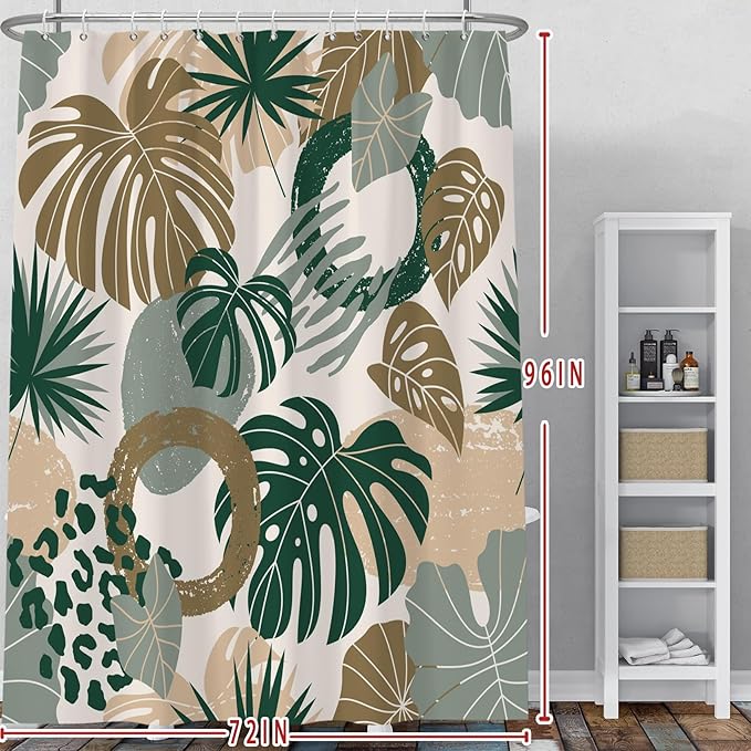 Baocicoo Bohemian Monstera Leaves Boho Floral Shower Curtain Decorative for Bathroom Cubicle Bathtub Waterproof Fabric Vacation Style with Hooks 72x96 Inches