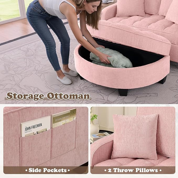 Oversized Chaise Lounge Chair Indoor with Ottoman, Chenille Tufted Comfy Loveseat Sofa Chair with Adjustable Backrest, Fluffy Recliner Sofa, Convertible Sleeper Couch Bed for Living Room(51"W, Pink)