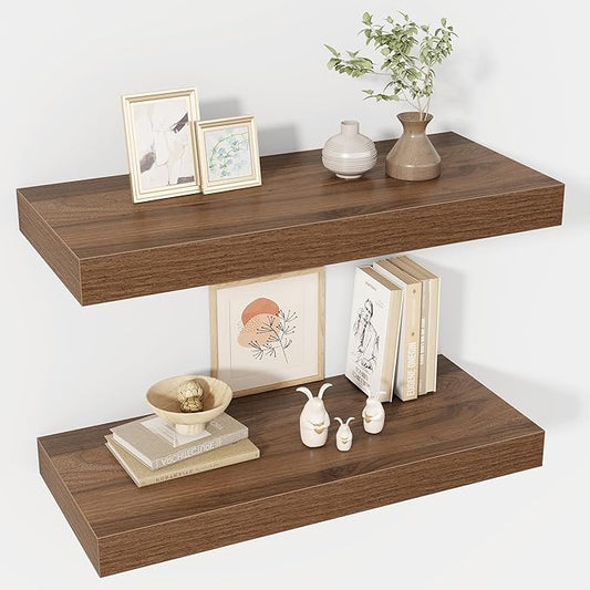 24 Inch Floating Shelves, 12" Deep Floating Shelf Wall Mounted, 24" Wall Shelves, Rustic Deep Bookshelf, Extra Deeper & Thicker Display Shelves for Bedroom, Living Room, Walnut, Set of 2