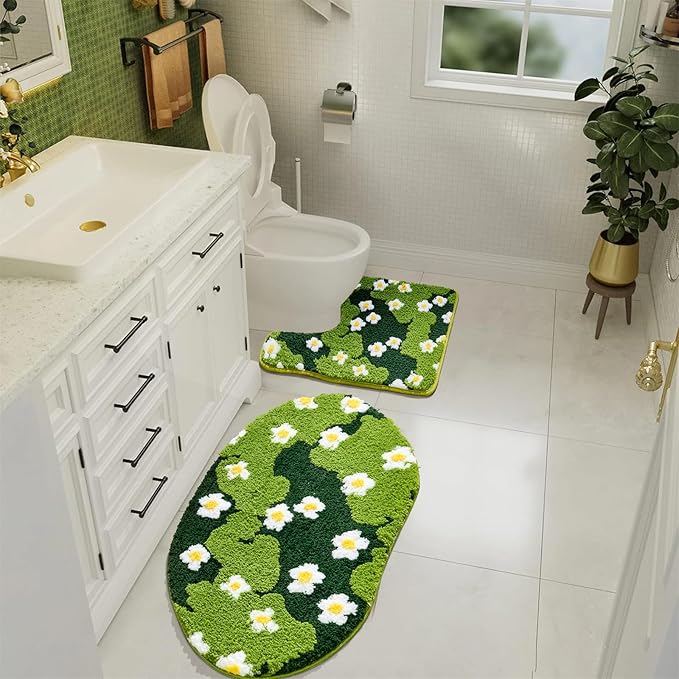 Cute Floral Bathroom Rugs Set 2 Piece, Non Slip Microfiber Green Grass Flowers Bath Mat 20x32 + Contour Toilet Rug 20x24 Machine Washable Great Absorbent, Boho Aesthetic Bath Mat Set for Bathroom