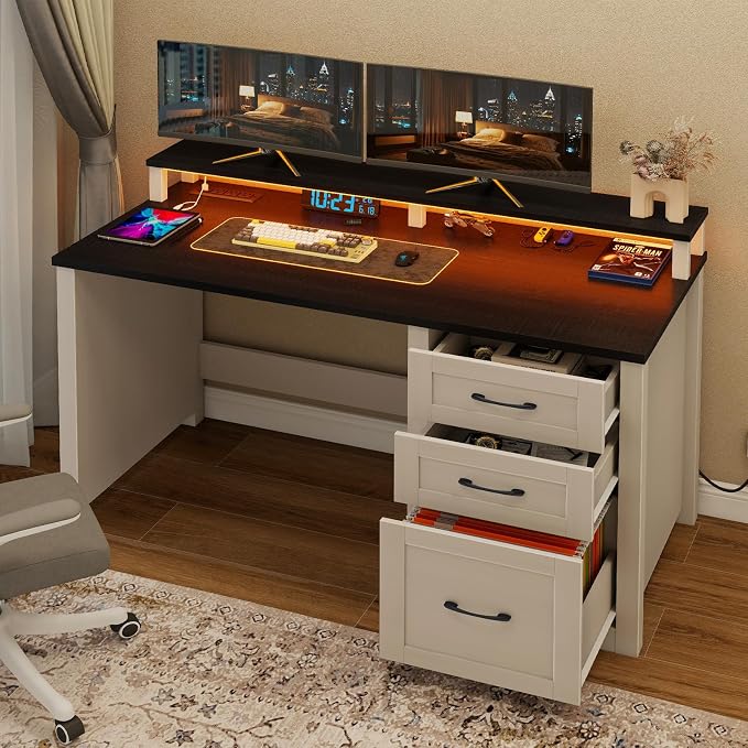 Vabches 47" Farmhouse Executive Desk with Monitor Stand & File Cabinet,3 Drawers Computer Desk with LED Lights and Power Outlets,Workstation for Home Office, Study,Writing,Black