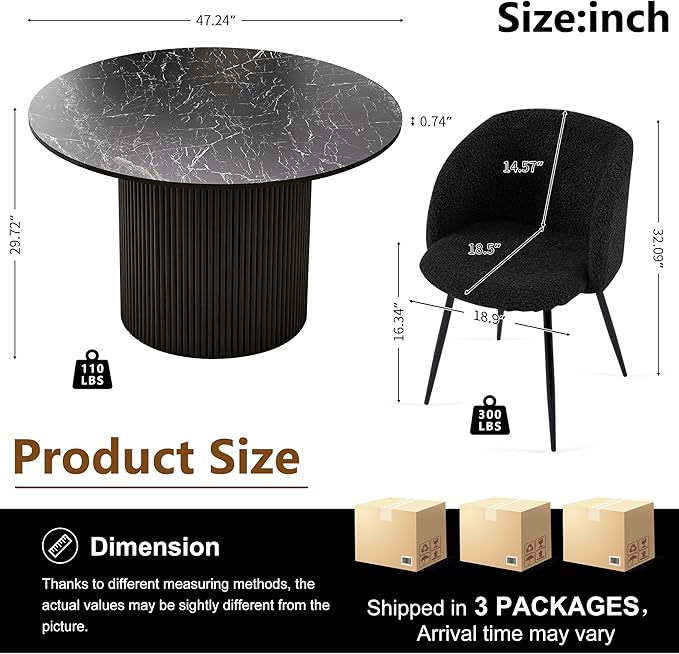 Black Dining Table Set for 4, 5-Piece Mordern Kitchen Dining Room Table Set, 47-Inch Round Breakfast Nook Dinner Table Fluted and Upholstered Sherpa Fabric Dining Armchairs Set