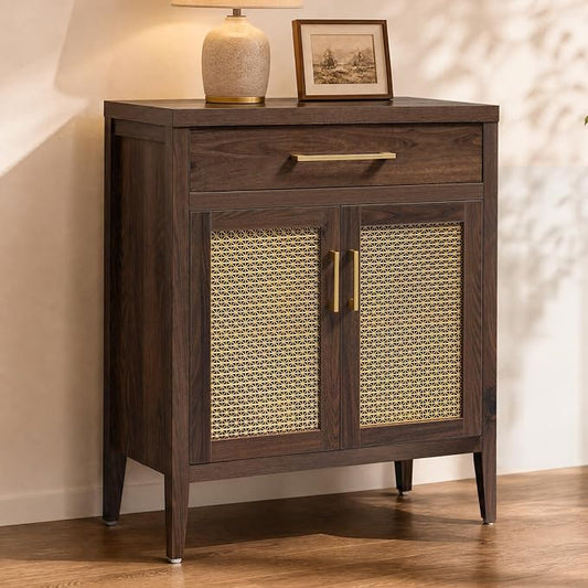 SICOTAS 30" Kitchen Sideboard Buffet Cabinet with Storage, Modern Coffee Bar Cabinet with Adjustable Shelves & Gold Mesh Doors, Storage Cabinet with Drawer for Living Room Entryway, Espresso Walnut