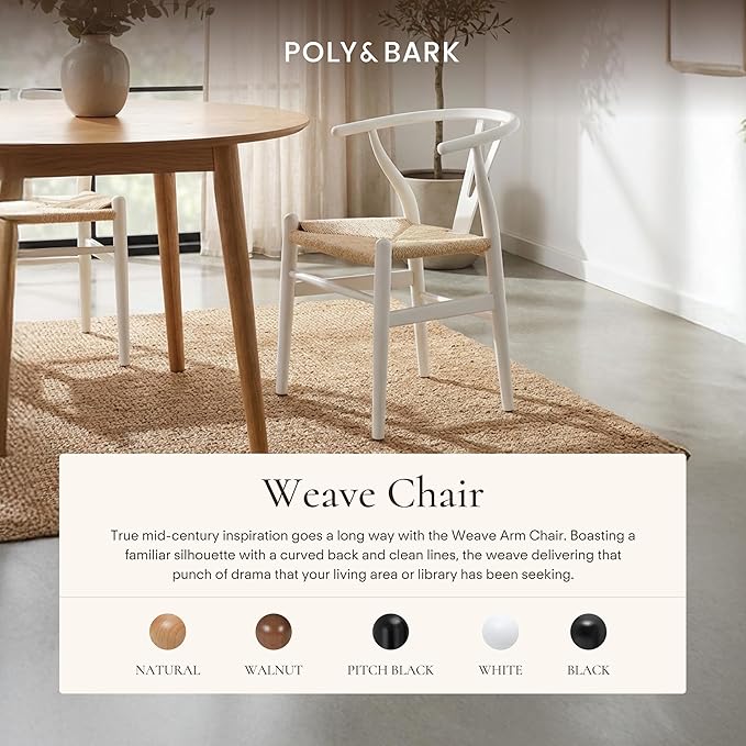 POLY & BARK Weave Dining Chair – Mid-Century Modern Wishbone Dining Chair with Arms, Solid Wood Frame, Indoor Use – White – Single - Ideal for Dining Room, Kitchen or Stylish Accent Setting