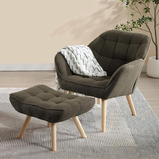 Sherpa Accent Chair with Ottoman, Modern Fuzzy Reading Chair with Ottoman Upholstered Armchair with Wood Legs Comfy Lounge Chair for Small Spaces Living Room Bedroom Book Nook, Green