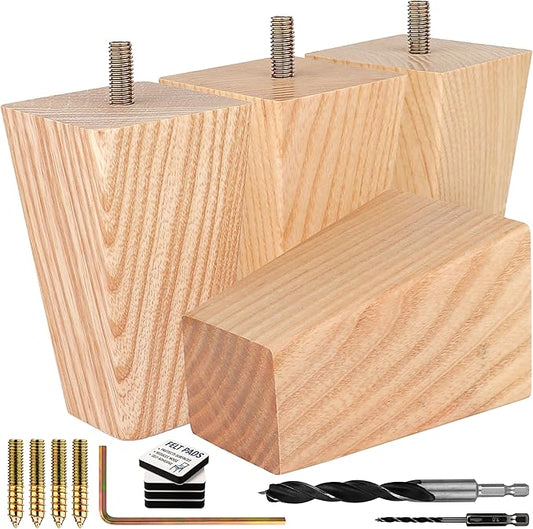 Airy Abode Premium Ash Wood Square Furniture Legs (Full Install Kit) - Pick Your Size and Color