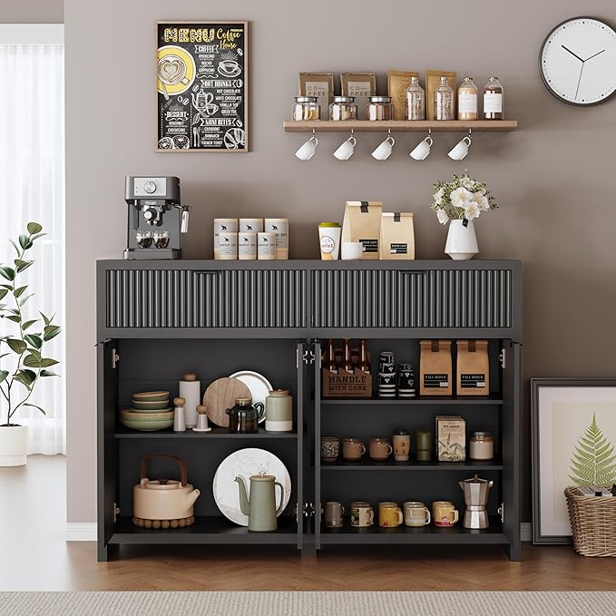 55" W Fluted Buffet Cabinet with Storage Accent Sideboard with 2 Drawers & 4 Doors,Wood Media Console Coffee Bar Table with Adjustable Shelves for Living Room,Kitchen and Dining Room