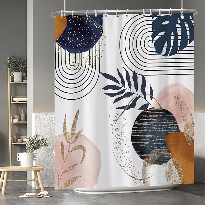 Baocicco Boho Shower Curtain Mid Century Navy Blue Gold Plant Leaves Modern Abstract Minimalist Shower Curtains Decorative for Bathroom Waterproof Fabric Shower Curtain with Hooks 72x84 Inches
