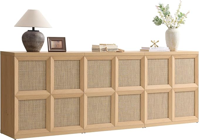 VividVibe Sideboard Buffet Cabinet with Storage, 94.35”Large Boho Credenza with 6 Doors, Coffee Bar Cabinet Farmhouse Modern for Entryway Living Room Natural Oak