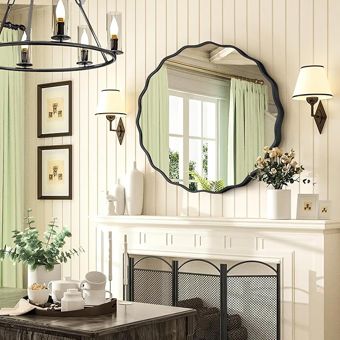 Black Round Mirror for Wall, 32"x32" Decorative Wavy Bathroom Mirror with Brushed Alloy Steel Frame & Shatter-Proof Glass, Hanging Circle Wall Mirrors for Bathroom, Entryway, Bedroom