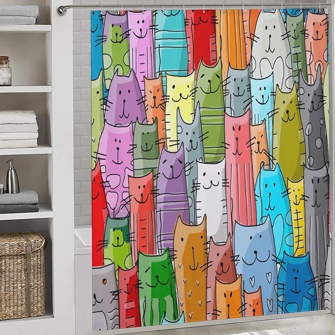 Cat Shower Curtain,Cartoon Cute Cat Pets Colorful Funny Animals Bathroom Curtain Polyester Waterproof Fabric Decor 72x72in（183x183cm）