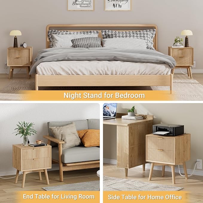 Fluted Nightstand, Night Stand Set 2, Modern Nightstands Set of 2 with Beveled Edge & Solid Wood Legs, 2 Drawer End Table with Charging Station, Wooden Bedside Table for Bedroom,Natural Oak
