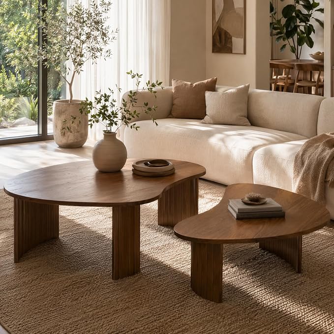 Mid Century Modern Nesting Coffee Tables Set of 2 – Walnut Ash Veneer with Fluted Solid Wood Legs, Mango-Shaped End Tables for Living Room, Farmhouse & Contemporary Style