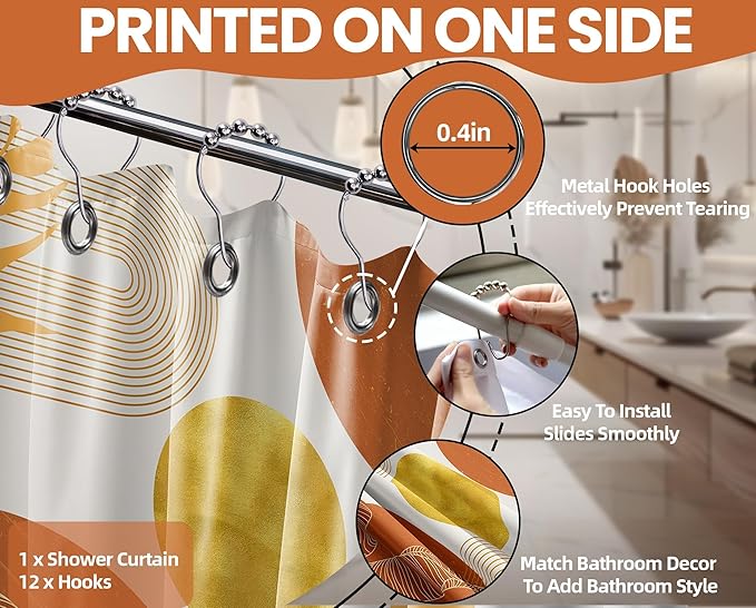 Orange and Gold Shower Curtain Burnt Orange White Shower Curtains for Bathroom Decor Boho Mid Century Bath Curtain Set, Waterproof Fabric with Hooks 70 x 72 Inch