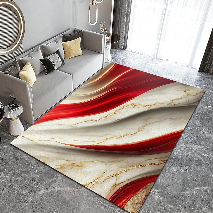 Marble Gilt Texture Red Area Rug, Luxury Marble Non Slip Throw Rug, Machine Washable Durable Carpet for Indoor Bedroom Living Room Office Decor Rug - 5 ft x 6 ft
