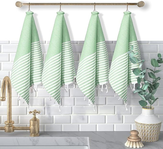 Turkish Kitchen Towels 18x26 Inches with Tassels - 4 Pack - Absorbent, Durable, Soft 100% Cotton Dish Towels for Drying & Cleaning - Machine Washable, Quick Dry - Apple Green