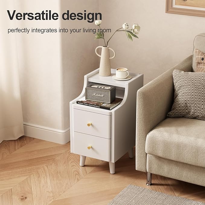 Narrow Nightstand with 2 Drawers,White Nightstand,Bedside Table,Solid Wood Modern Bedside Table for Bedroom,Study,Toilet