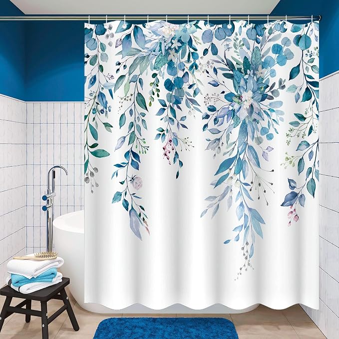 Blue Eucalyptus Shower Curtain Watercolor Floral Plant Leaf Shower Curtains for Bathroom Botanical Flower Waterproof Fabric Bath Curtain Decor with Hooks (Blue, 72'' x 72'')