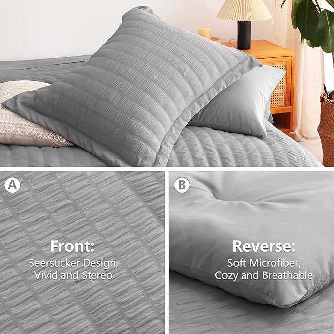 CozyLux King Size Comforter Set Grey, 7 Pieces Seersucker Textured Luxury Bed in a Bag Grey, All Seasons Soft Bedding Sets with Down Alternative Comforter, Sheets, Pillowcases & Shams, Home Gift