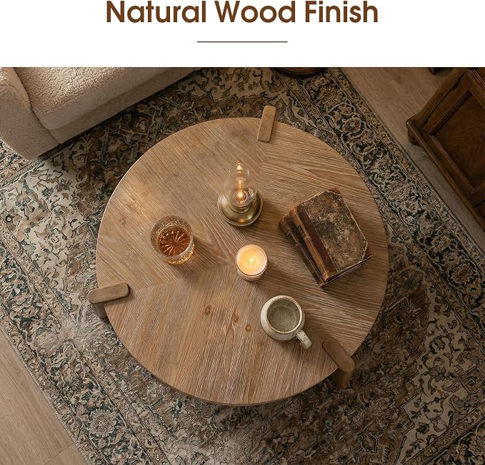 36.6" Round Coffee Table – Rustic Solid Wood & MDF Coffee Tables, Herringbone Design, Mid Century Modern Center Table with Tapered Legs, Natural Distressed Finish for Living Room, Natural Wood