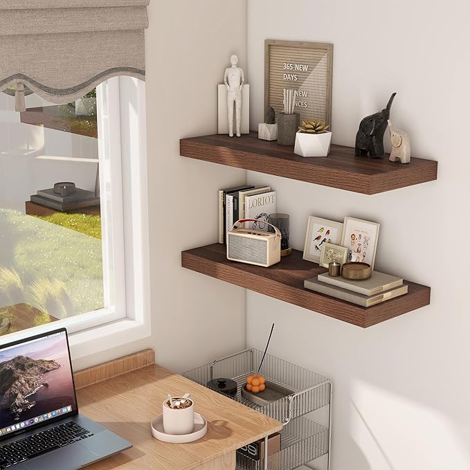 Fun Memories 30 Inch Floating Shelves, 12 Inch Deep Floating Shelf for Wall, Rustic Deep Shelves for Books, Bathroom, Living Room, Kitchen, 30 x 12 x 2 Wood Floating Shelves, Walnut Color, Set of 2