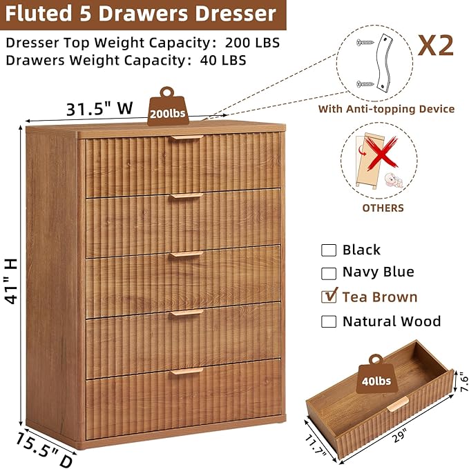 LEYAOYAO Fluted 5 Drawers Dresser for Bedroom, 41" Tall Modern Chest of Drawers with Metal Handle, Curved Profile Farmhouse Closet Organizer Wood Dressers TV Stand for Living Room, Hallway, Brown