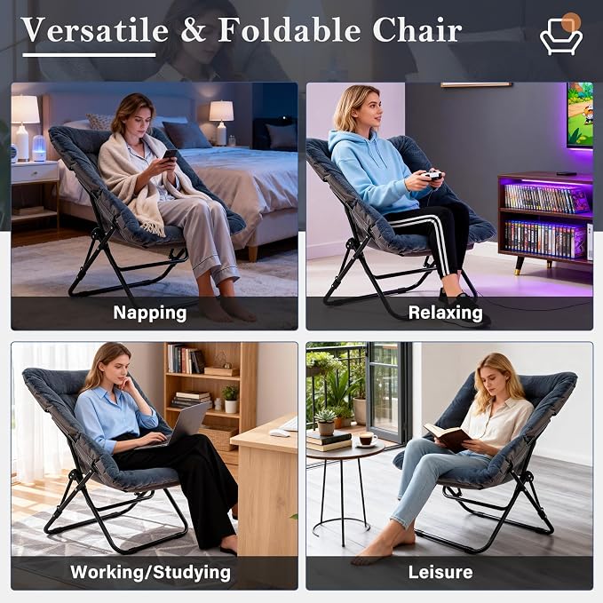 Furlide Saucer Chair, Comfy Doorm Chairs, Oversized Folding Faux Fur Chair, Foldable Metal Frame Chair, for Bedroom, Living Room, Balcony, Study, Playroom (Navy Blue)
