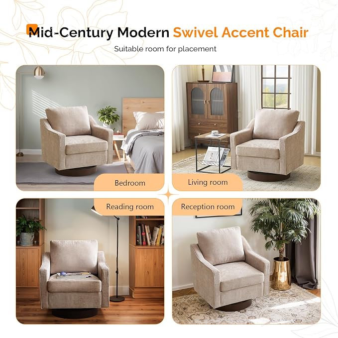 VINGLI Mid-Century Modern Swivel Accent Chair, 360°Upholstered Armchair, Home Sofa with Track Arms for Living Room, Bedroom, Reading Room, Club Swivel Chair, Chenille Khaki