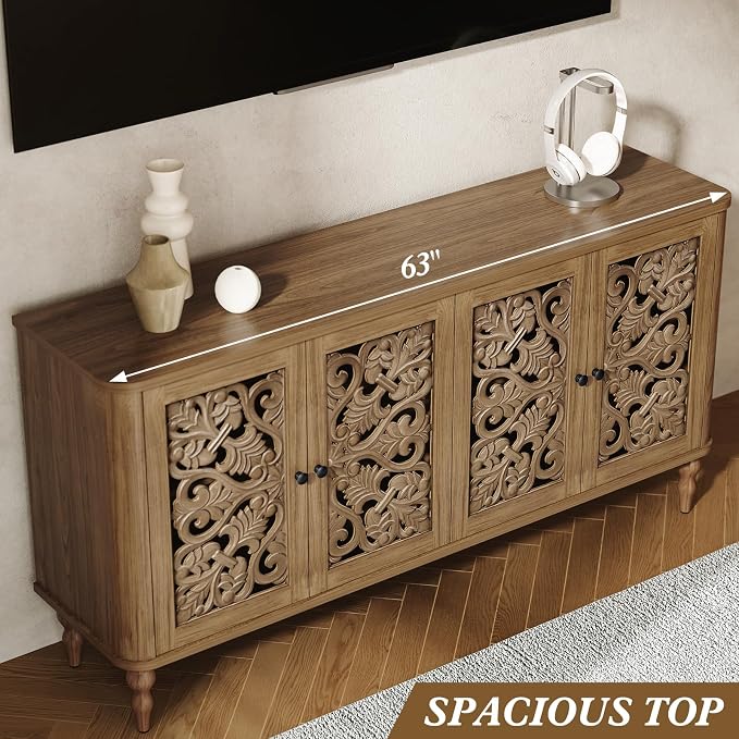 ARTPOWER 63" Retro Arc Carved Sideboard Buffet Cabinet, 4 Craft Doors Wooden Accent Credenza for Living Room, Dining Room, Entryway, Hallway, Light Walnut