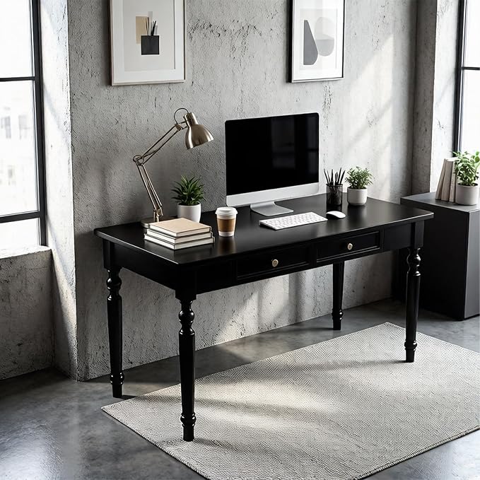 Rubberwood Office Desk with Drawers, Black Retro Style Study Desk, Desk, Country Style Wood Desk, Solid Wood Computer Table for Office,Living Room 47.2×23.6×29.5 inch