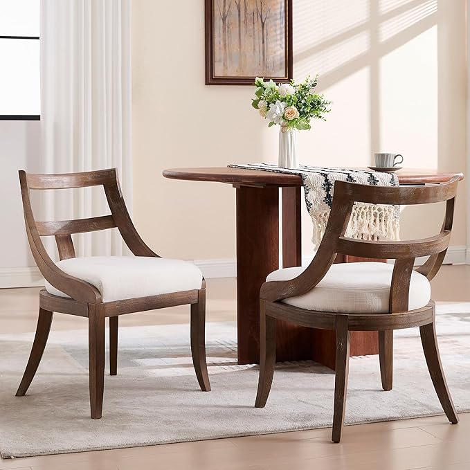 Modern Farmhouse Dining Chairs Set of 2 Mid Century Upholstered Dining Chair with Wooden Curved Back Kitchen Chairs for Dining Room Restaurant Cafe, Brown Walnut Colored-Linen Beige