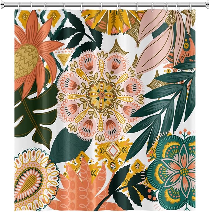 Bohemian Floral Bathroom Shower Curtain Boho Abstract Tropical Leaves Flowers with Hooks Polyester Waterproof Fabric Paisley Unique Trendy Woman Decor, 36x72 Inch