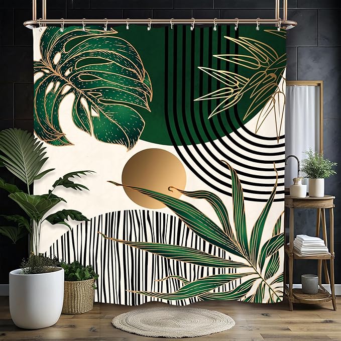 Miyotaa Emerald Green Abstract Shower Curtain Set 60Wx71H Inches Vintage Minimalist Aesthetic Modern Contemporary Plant Leaves Polyester Waterproof Cloth Bathroom Curtain with 12 Hooks